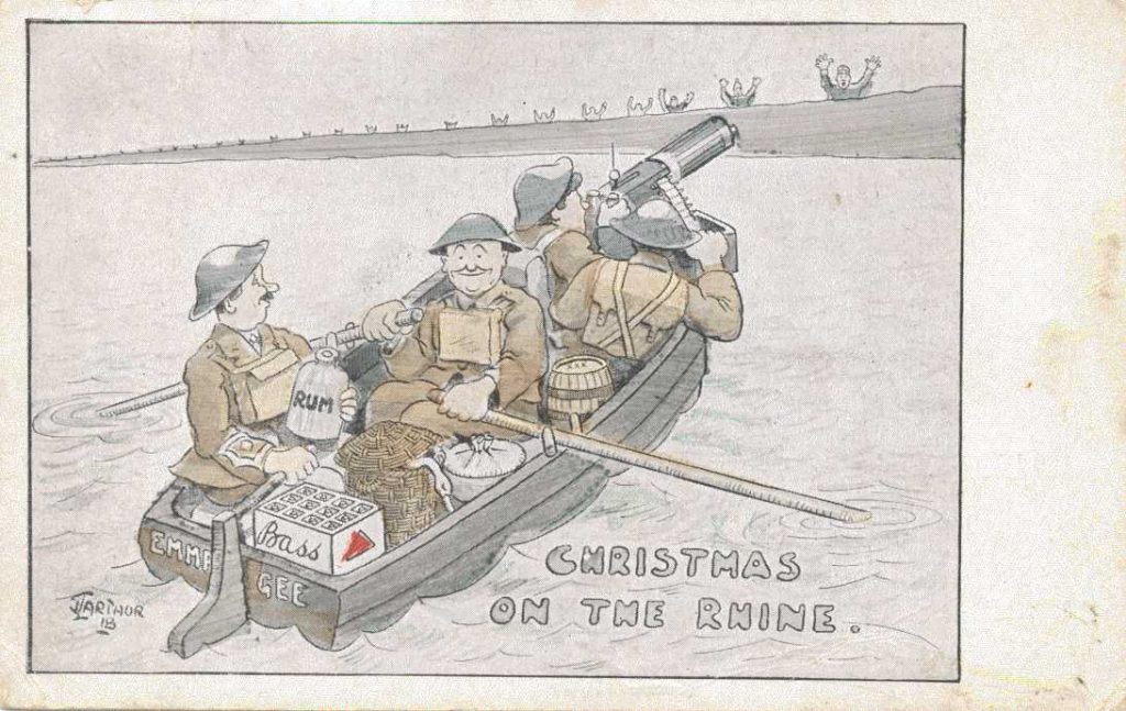 Soldiers with Bass crate "Christmas on the Rhine" color postcard
